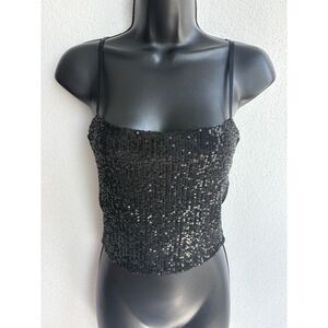 Elodie Black Fully Sequin Crop Top Spaghetti Straps Size S Party Evening Date